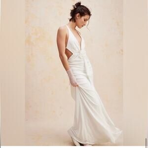 Ronny Kobo X Free People Floral Appliqué Plunge‎ Gown White Size Small
